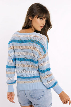 Q2 Women's Sweater Blue Knit Sweater With Blue And White Stripes