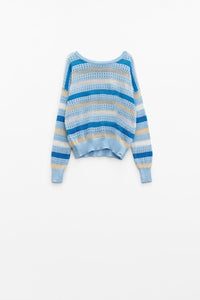 Q2 Women's Sweater Blue Knit Sweater With Blue And White Stripes