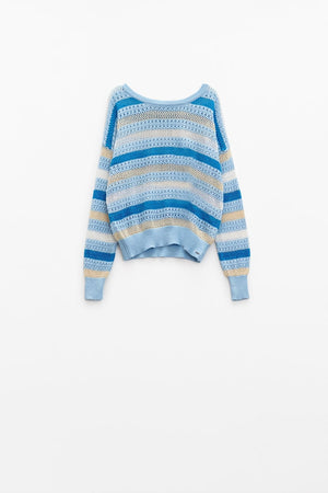 Q2 Women's Sweater Blue Knit Sweater With Blue And White Stripes