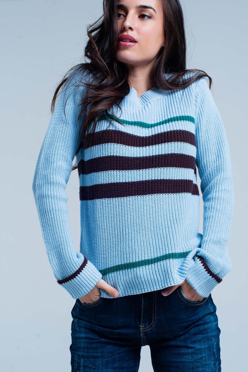 Q2 Women's Sweater Blue Rib Stitch Sweater with Stripes