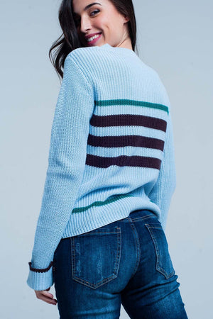 Q2 Women's Sweater Blue Rib Stitch Sweater with Stripes