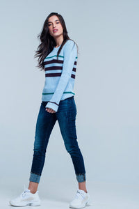 Q2 Women's Sweater Blue Rib Stitch Sweater with Stripes