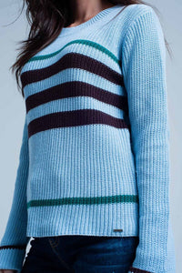 Q2 Women's Sweater Blue Rib Stitch Sweater with Stripes