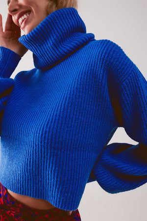 Q2 Women's Sweater Blue Ribbed Knit Turtleneck Jumper With Balloon Sleeves