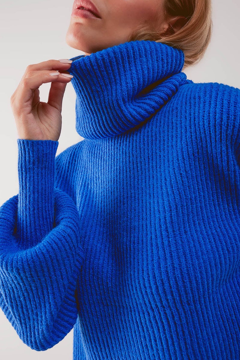 Q2 Women's Sweater Blue Ribbed Knit Turtleneck Jumper With Balloon Sleeves