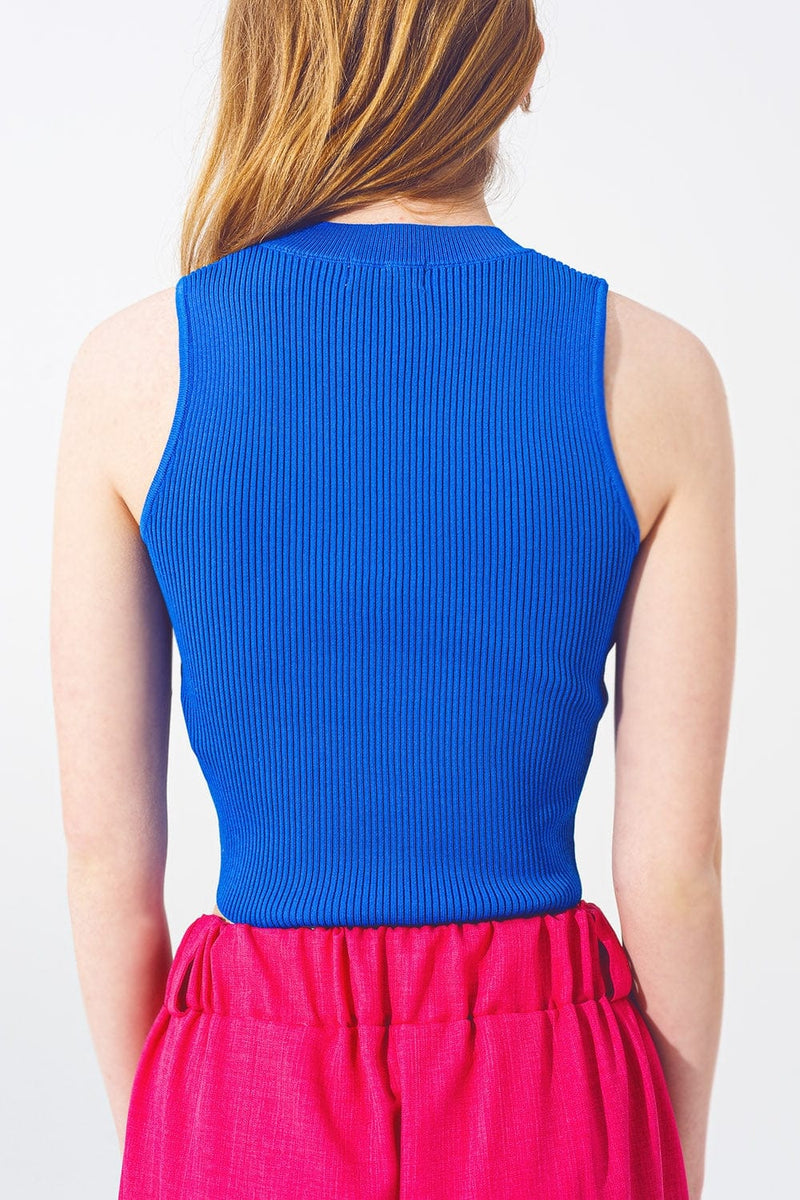 Q2 Women's Sweater Blue Sleeveless Cropped Thin Sweater