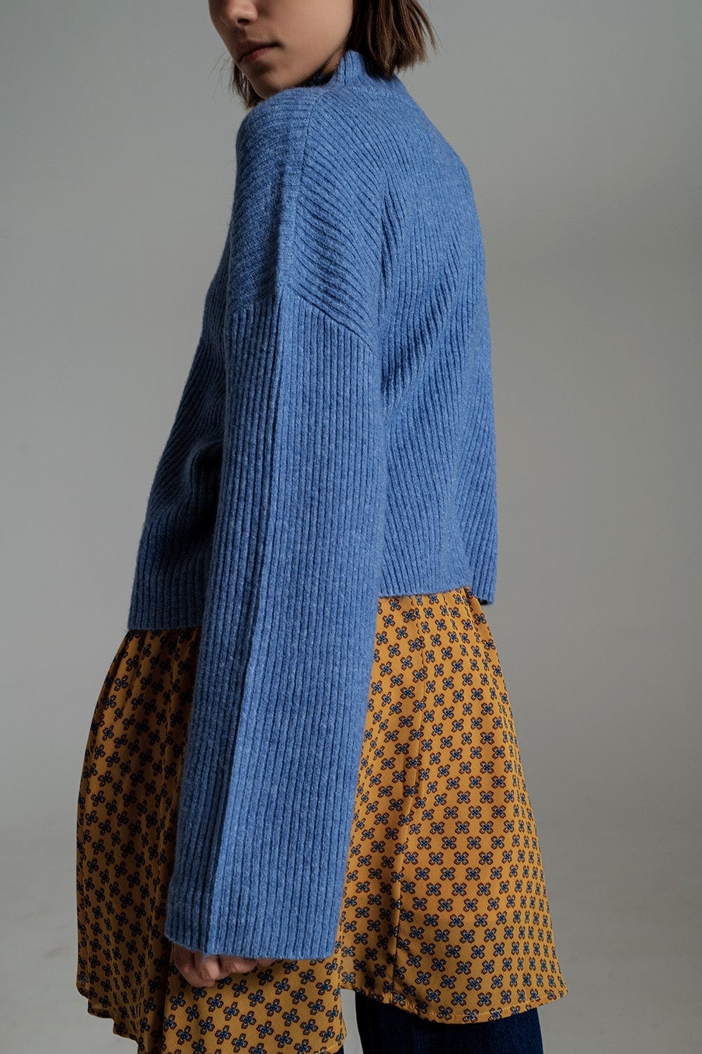 Q2 Women's Sweater Blue Soft Ribbed Turtleneck Jumper