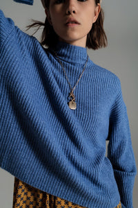 Q2 Women's Sweater Blue Soft Ribbed Turtleneck Jumper