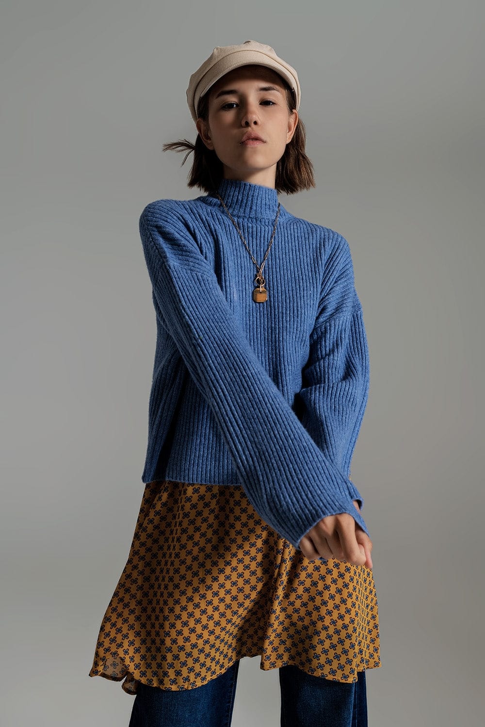 Q2 Women's Sweater Blue Soft Ribbed Turtleneck Jumper
