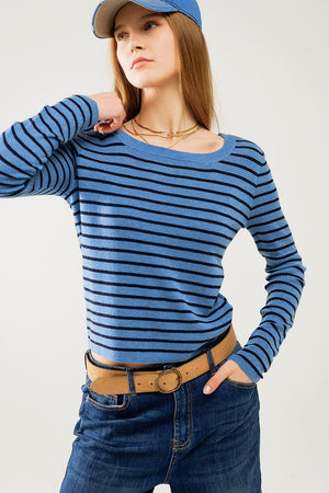 Q2 Women's Sweater Blue Striped Fine Knit Sweater With Boat Neck