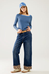 Q2 Women's Sweater Blue Striped Fine Knit Sweater With Boat Neck