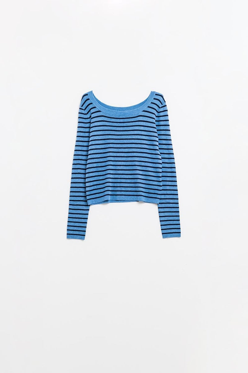 Q2 Women's Sweater Blue Striped Fine Knit Sweater With Boat Neck