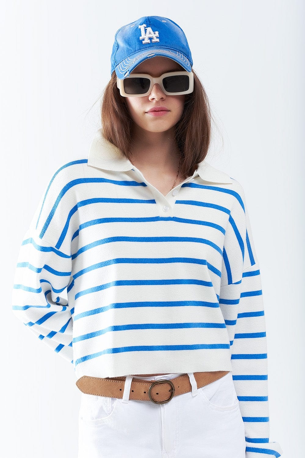Q2 Women's Sweater Blue Striped Soft Knit Polo