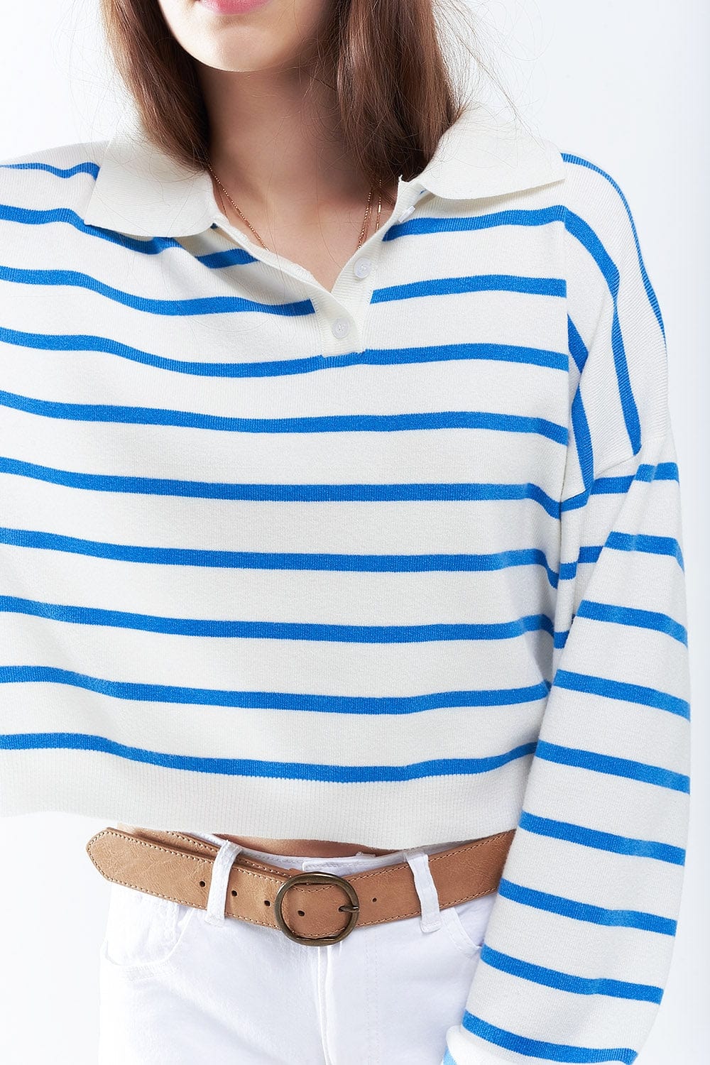 Q2 Women's Sweater Blue Striped Soft Knit Polo