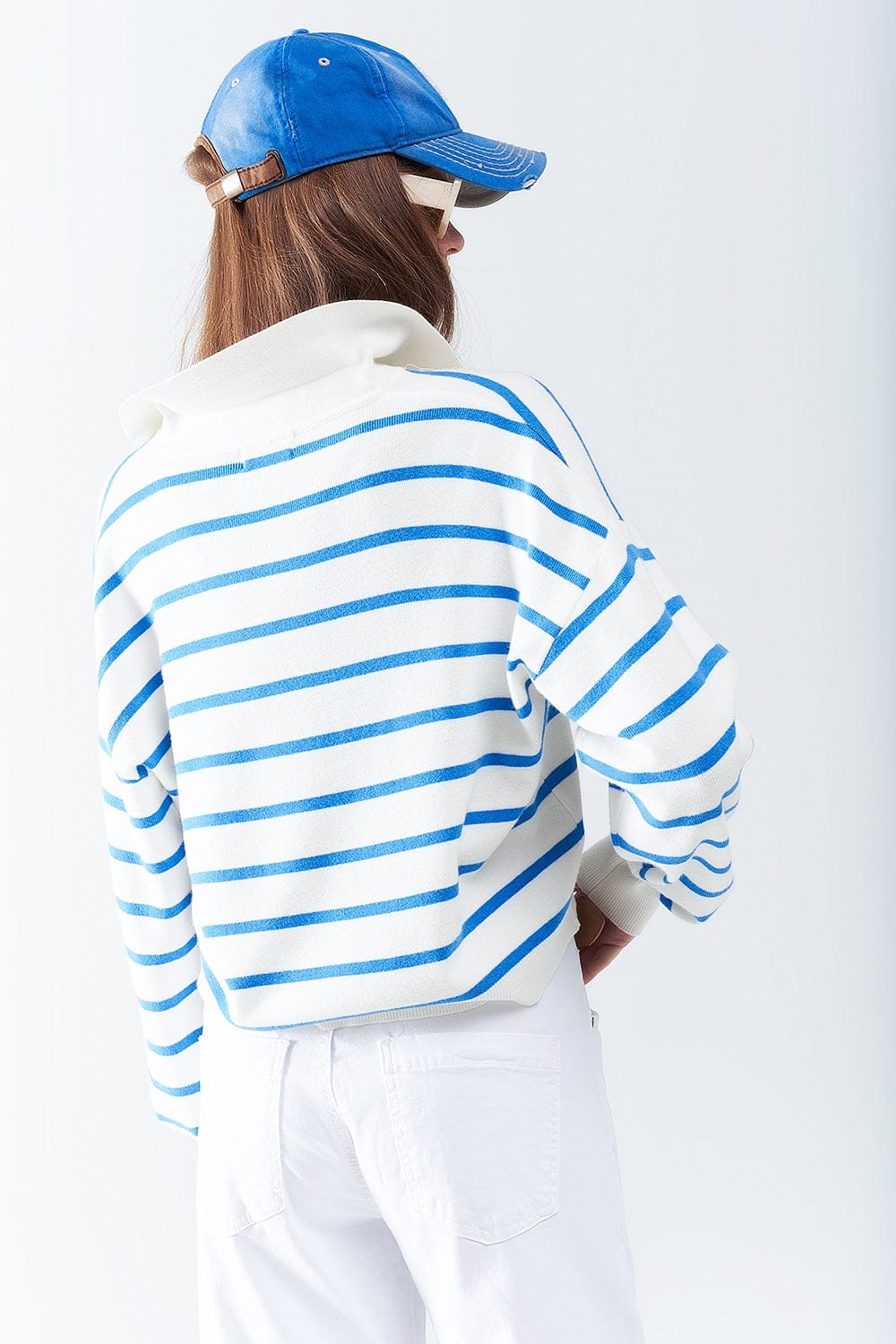 Q2 Women's Sweater Blue Striped Soft Knit Polo