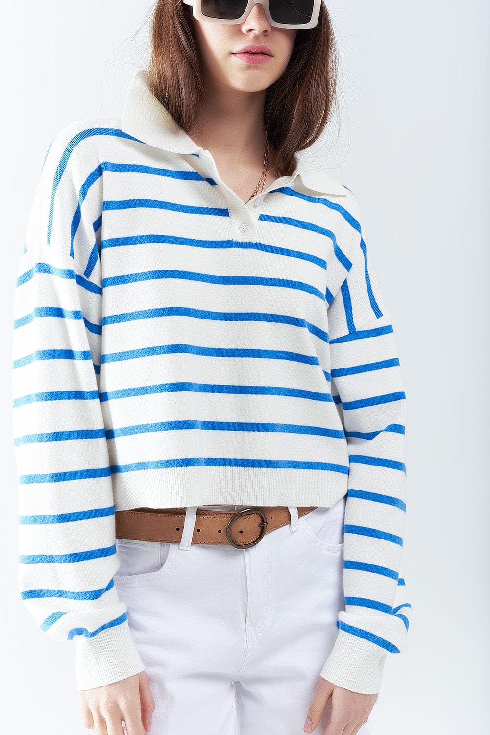 Q2 Women's Sweater Blue Striped Soft Knit Polo