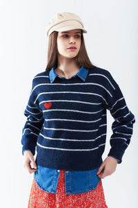 Q2 Women's Sweater Blue Striped Sweater With Red Heart Detail