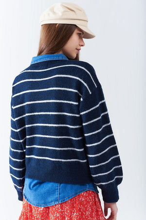 Q2 Women's Sweater Blue Striped Sweater With Red Heart Detail