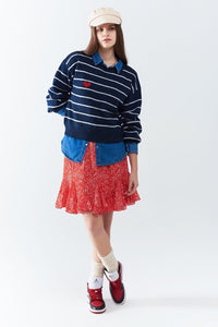 Q2 Women's Sweater Blue Striped Sweater With Red Heart Detail