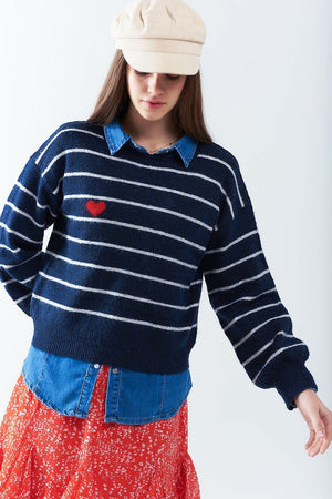 Q2 Women's Sweater Blue Striped Sweater With Red Heart Detail