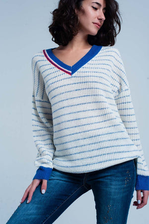 Q2 Women's Sweater Blue Striped Sweater with V-neck