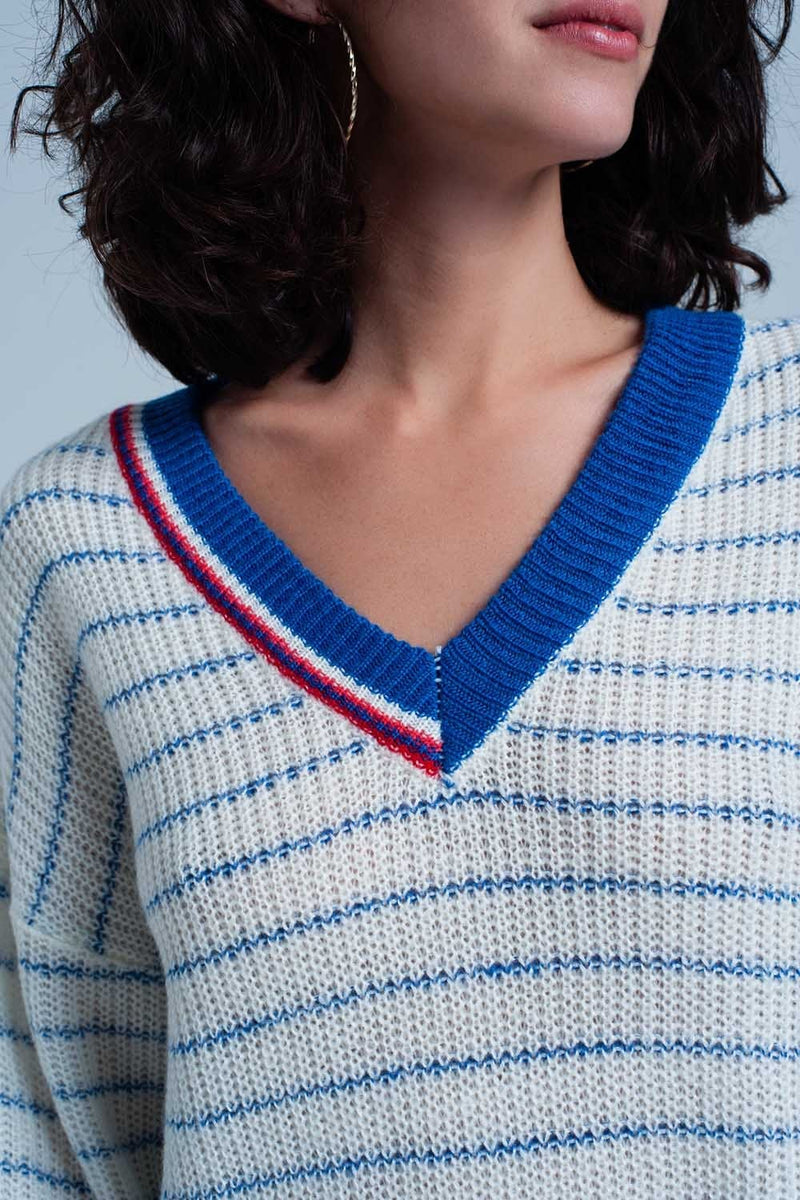 Q2 Women's Sweater Blue Striped Sweater with V-neck