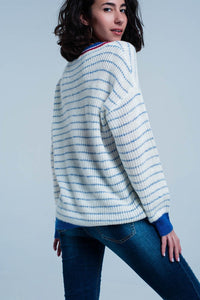 Q2 Women's Sweater Blue Striped Sweater with V-neck