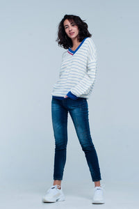 Q2 Women's Sweater Blue Striped Sweater with V-neck