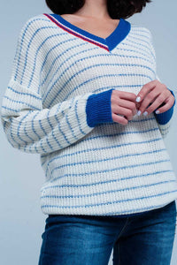 Q2 Women's Sweater Blue Striped Sweater with V-neck