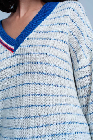 Q2 Women's Sweater Blue Striped Sweater with V-neck