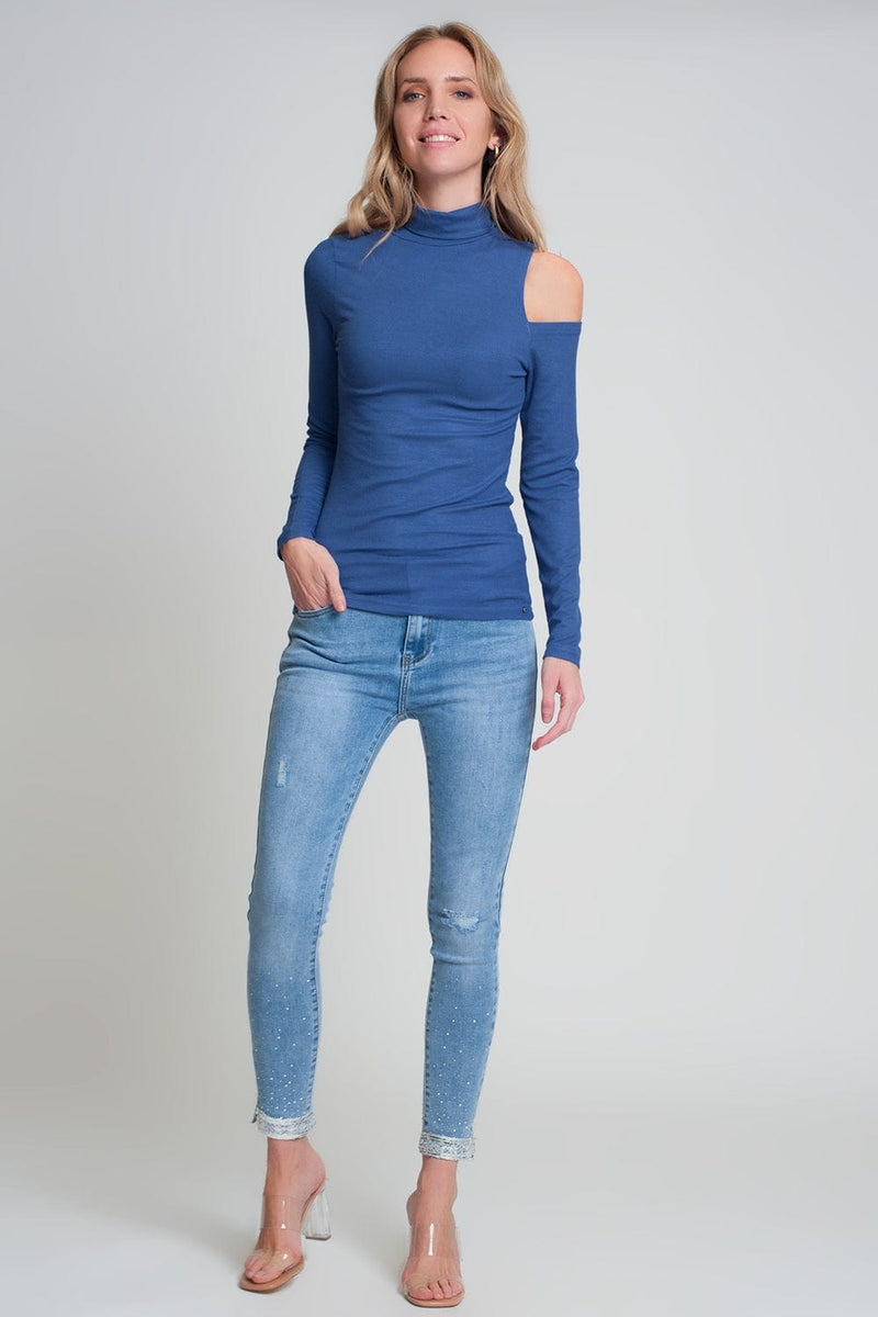 Q2 Women's Sweater Blue Sweater with One Open Shoulder and High Neck