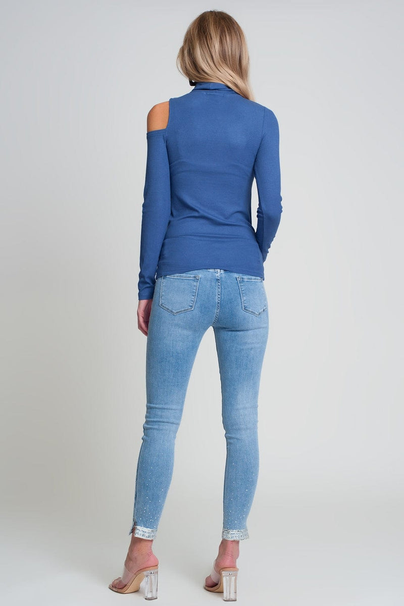Q2 Women's Sweater Blue Sweater with One Open Shoulder and High Neck