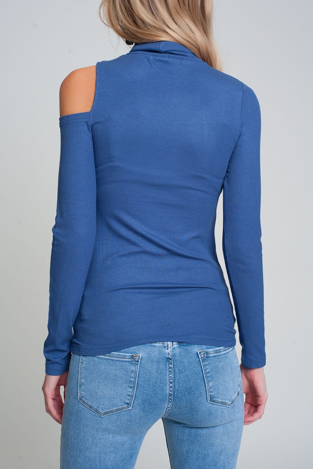 Q2 Women's Sweater Blue Sweater with One Open Shoulder and High Neck