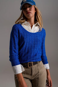 Q2 Women's Sweater Blue Wide Neck Ribbed Knit Sweater