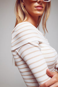 Q2 Women's Sweater Boatneck Striped 3/4 Sleeve Shirt In Beige