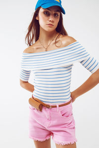 Q2 Women's Sweater Boatneck Striped 3/4 Sleeve Shirt In Blue