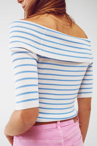 Q2 Women's Sweater Boatneck Striped 3/4 Sleeve Shirt In Blue