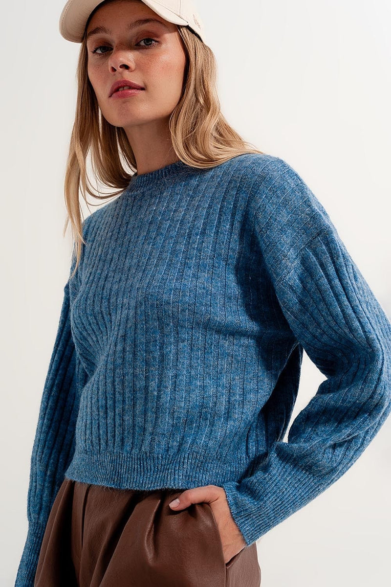 Q2 Women's Sweater Boxy Chunky Stitch Sweater in Blue