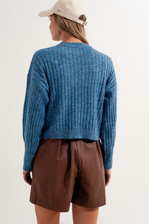 Q2 Women's Sweater Boxy Chunky Stitch Sweater in Blue