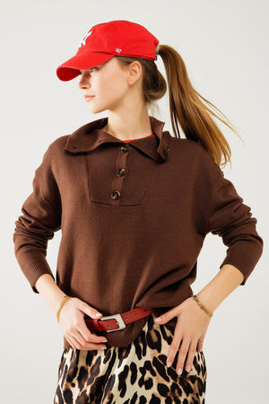 Q2 Women's Sweater Brown Loose Sweater With Button Closure