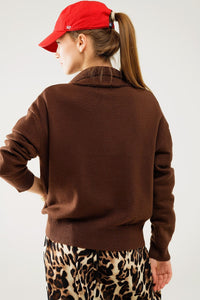 Q2 Women's Sweater Brown Loose Sweater With Button Closure