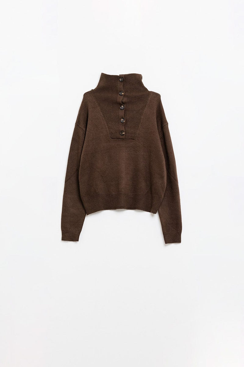 Q2 Women's Sweater Brown Loose Sweater With Button Closure