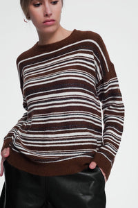 Q2 Women's Sweater Brown Stripped Sweater with Long Sleeves