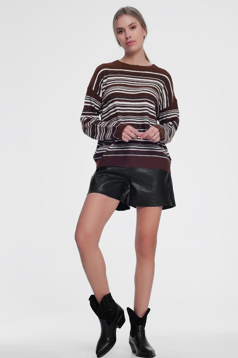 Q2 Women's Sweater Brown Stripped Sweater with Long Sleeves