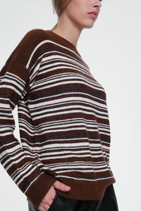 Q2 Women's Sweater Brown Stripped Sweater with Long Sleeves