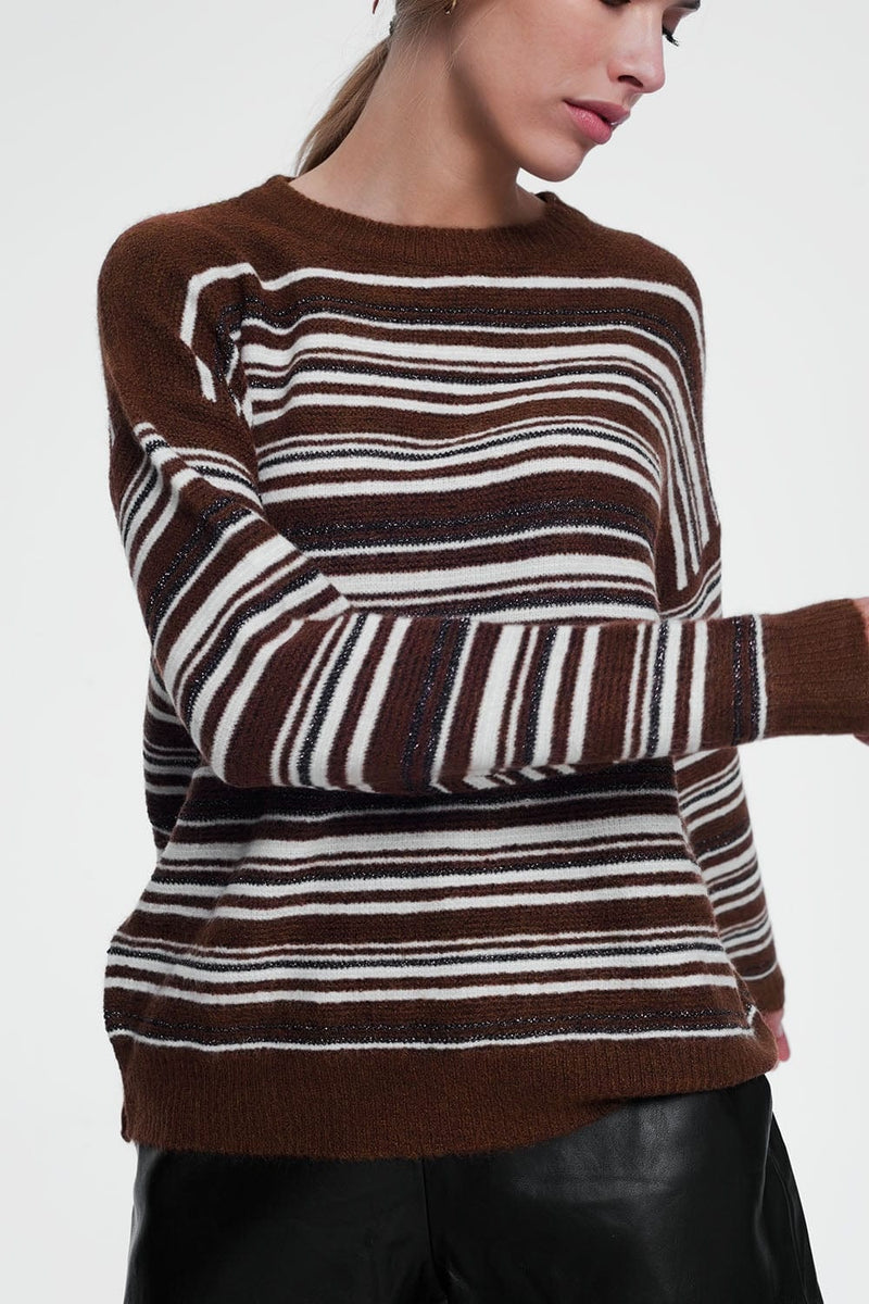 Q2 Women's Sweater Brown Stripped Sweater with Long Sleeves