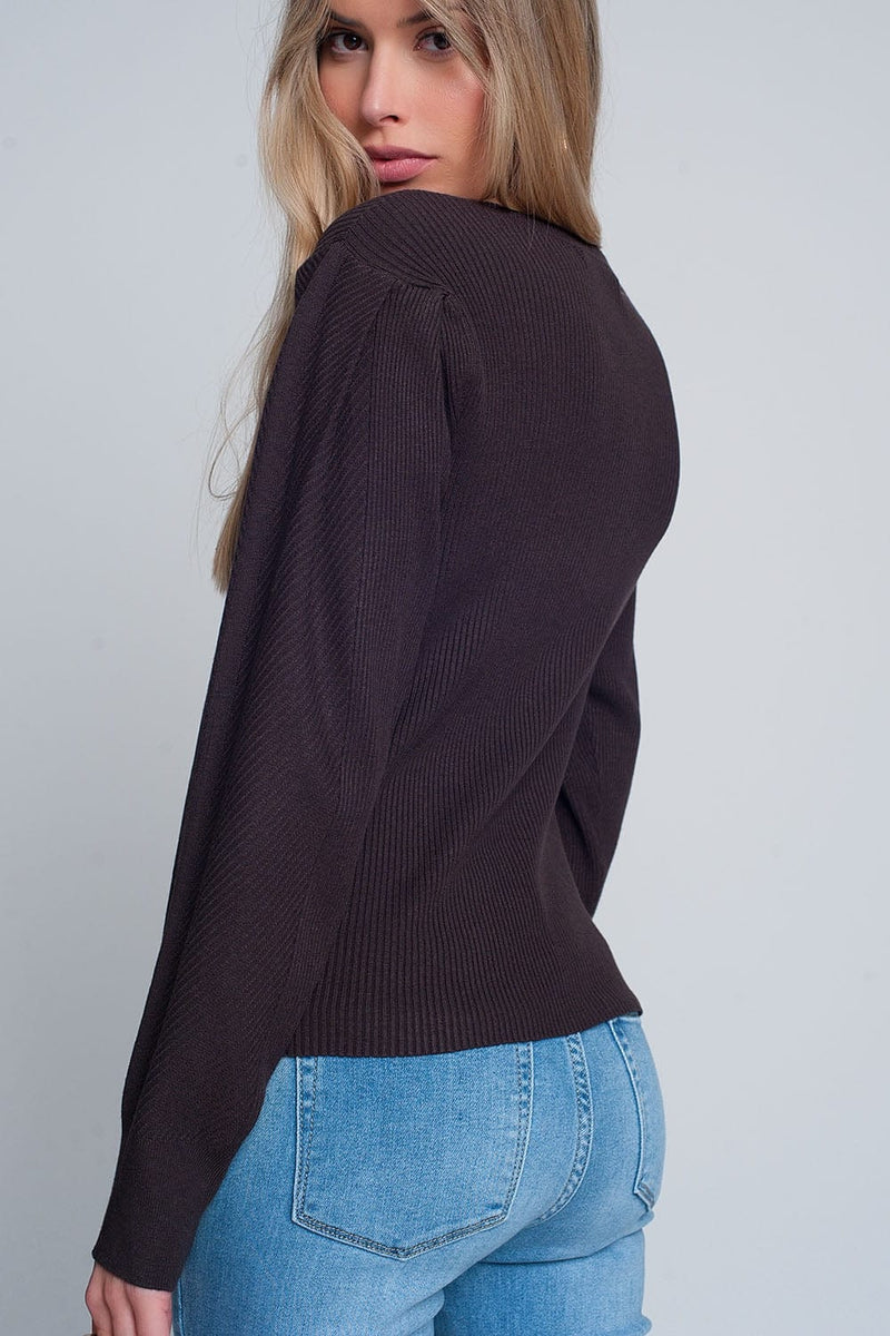 Q2 Women's Sweater Brown Sweater with Long Sleeves and Shoulder Ruffles