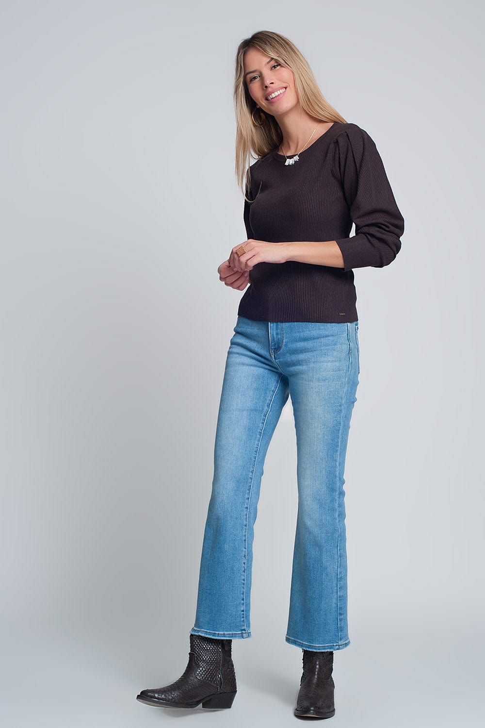 Q2 Women's Sweater Brown Sweater with Long Sleeves and Shoulder Ruffles
