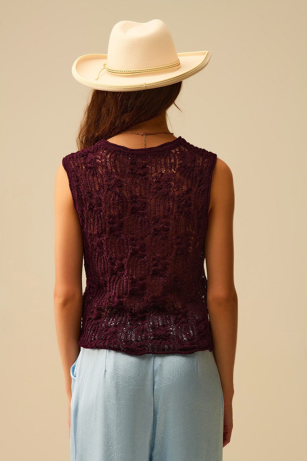 Q2 Women's Sweater Burgundy Purple Crochet Sleeveless Sweater