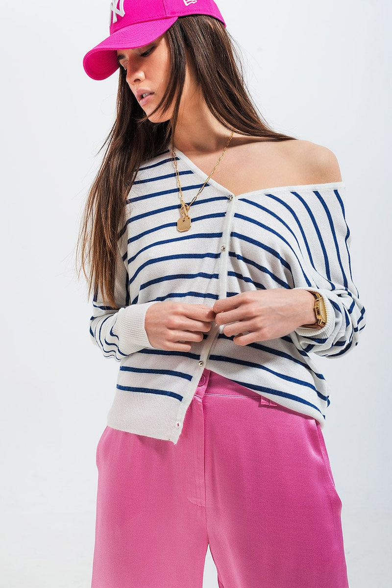 Q2 Women's Sweater Button Down Cream Cardigan Top in Stripe